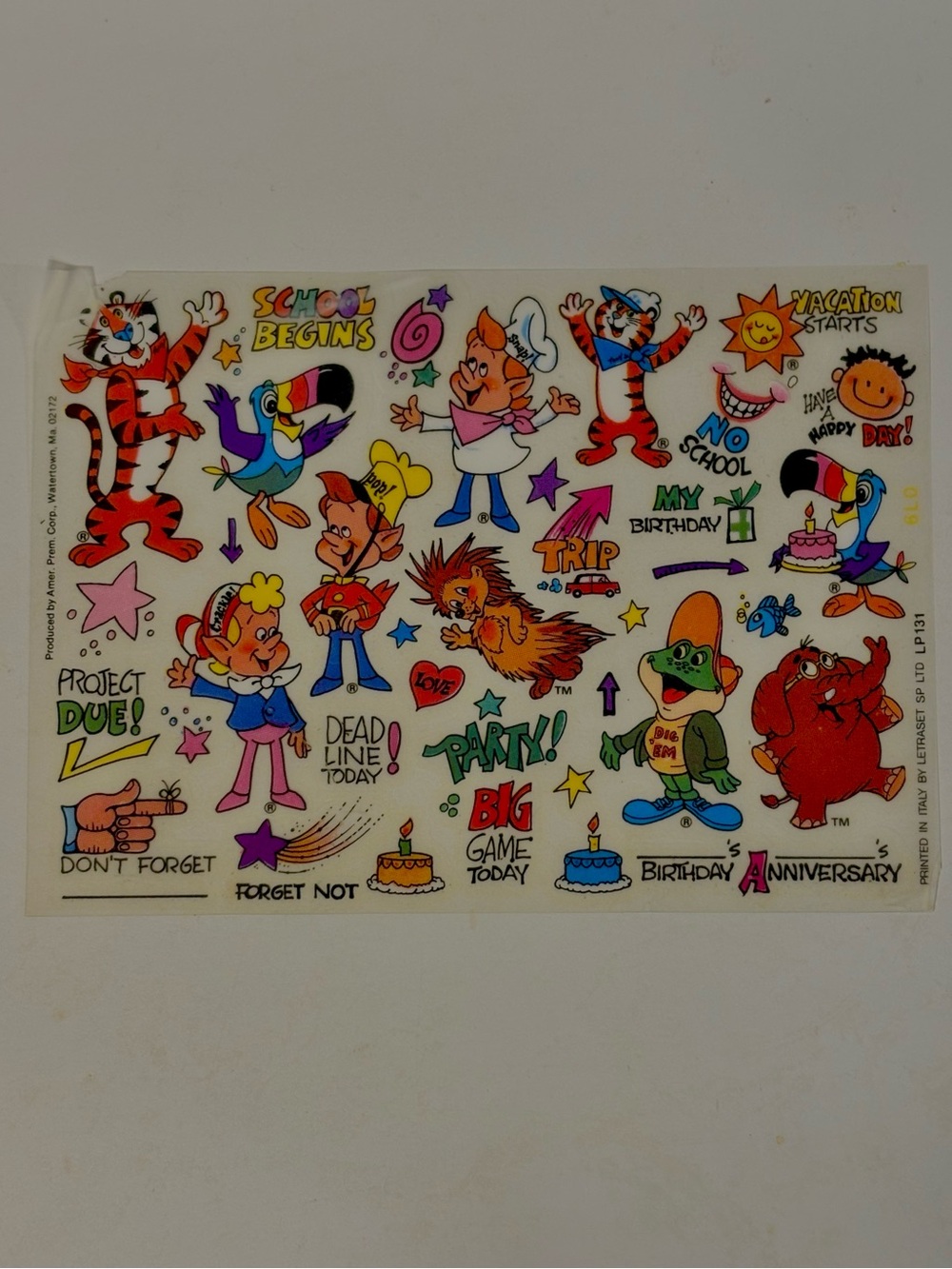 Vintage 70s Cereal Mascots Kelloggs Water Slide Decal Transfer Sheet Italy New